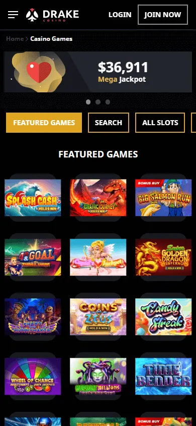 Drake Casino game browsing interface on a mobile phone