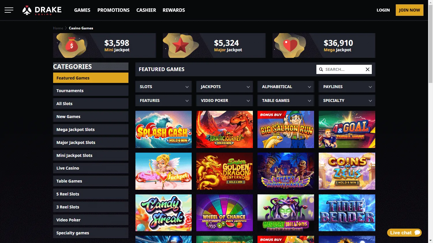 Drake Casino game browsing interface on desktop