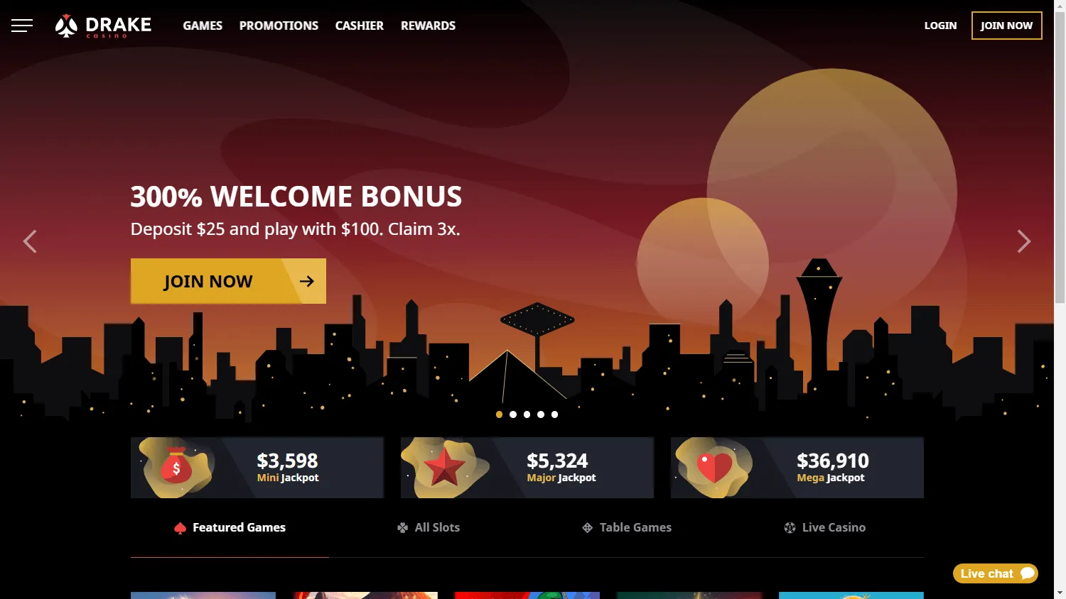 Drake Casino home interface on a desktop computer