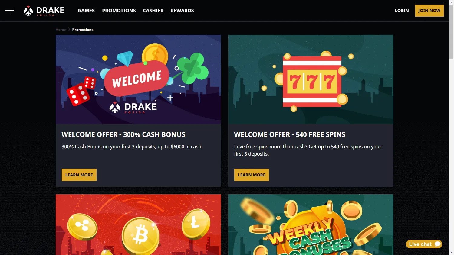 Drake Casino promotions interface on a desktop computer