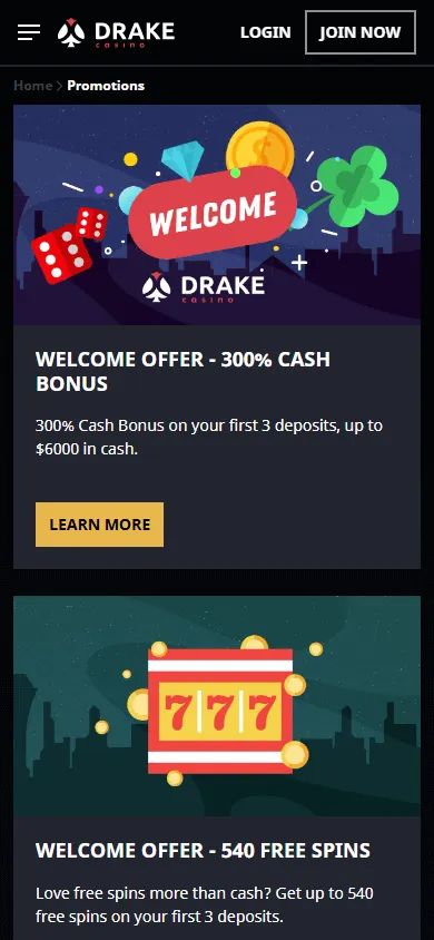 Drake Casino promotions interface on a mobile phone